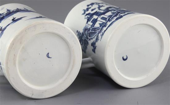 A Worcester Rock Strata Island pattern blue and white mug, and a plantation print pattern blue and white mug